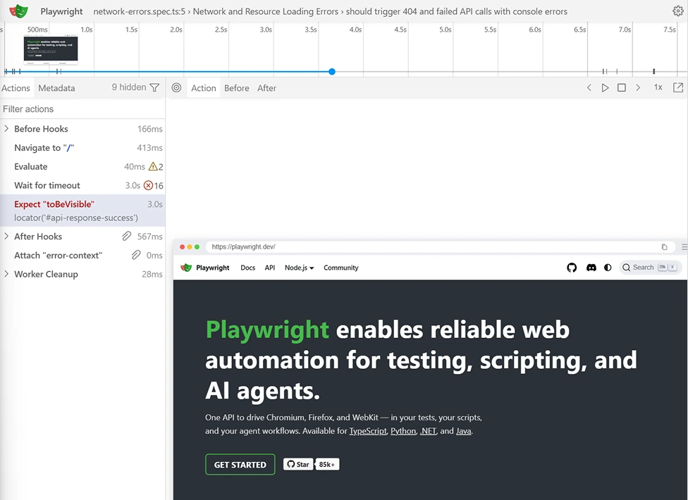 Full trace viewer with action timeline and DOM snapshots